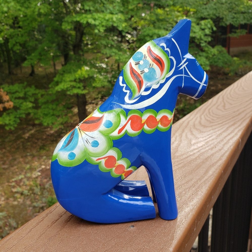 Swedish Sitting Blue Dala Horse Unique Carved Wooden Scandi Folk Art